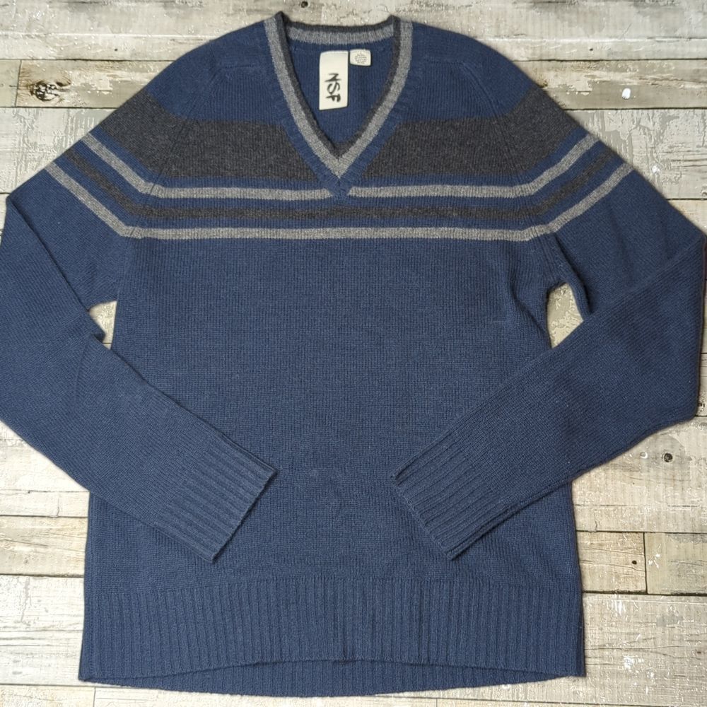 NSF cashmere wool mens v neck navy & grey stripe sweater